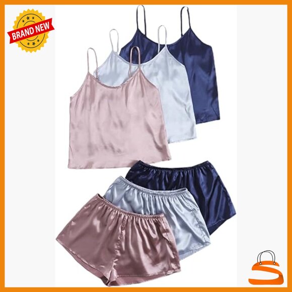 Silk Satin Pajama Set Sleeveless V Neck Crop Cami Top Shorts Sleepwear